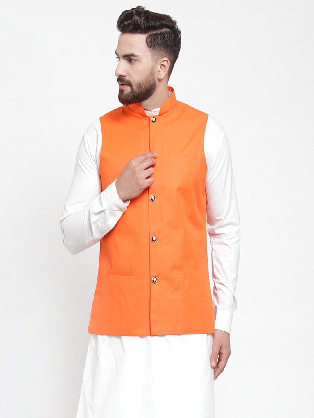 Jompers Men Orange Solid Nehru Jacket - Distacart