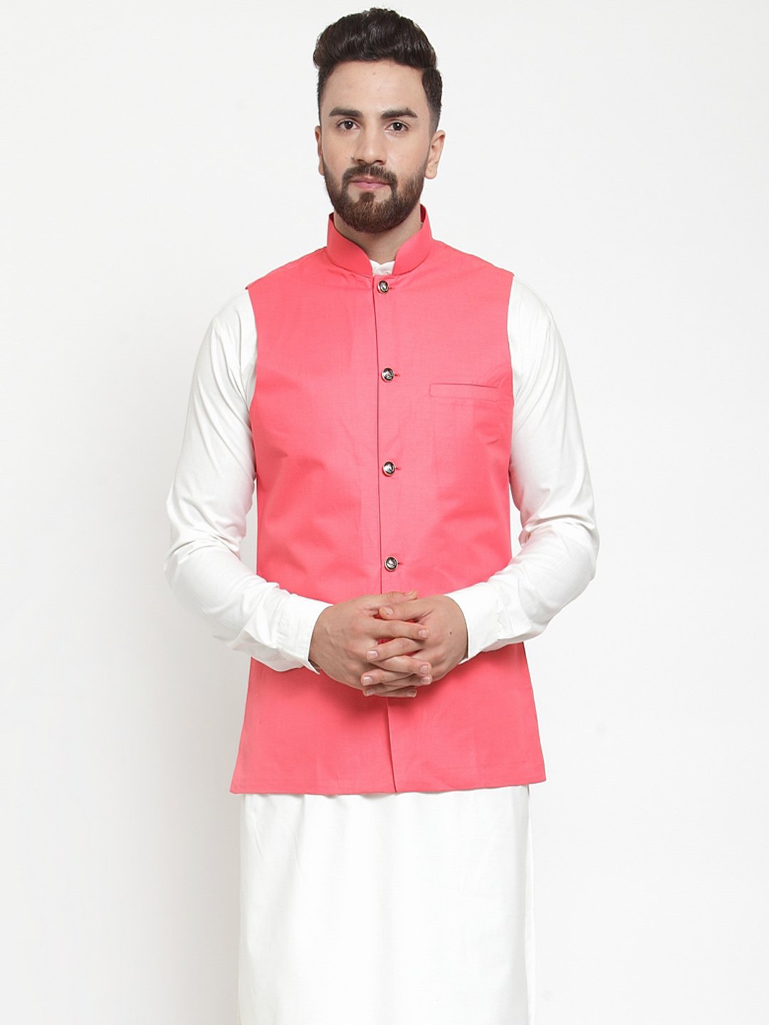 Jompers Men Peach Solid Nehru Jacket - Distacart