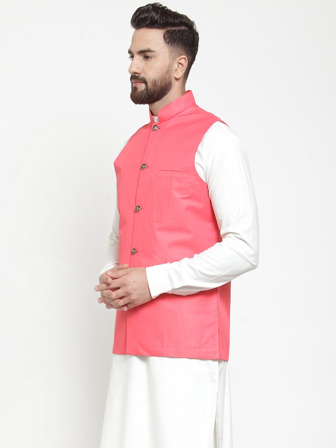 Jompers Men Peach Solid Nehru Jacket - Distacart