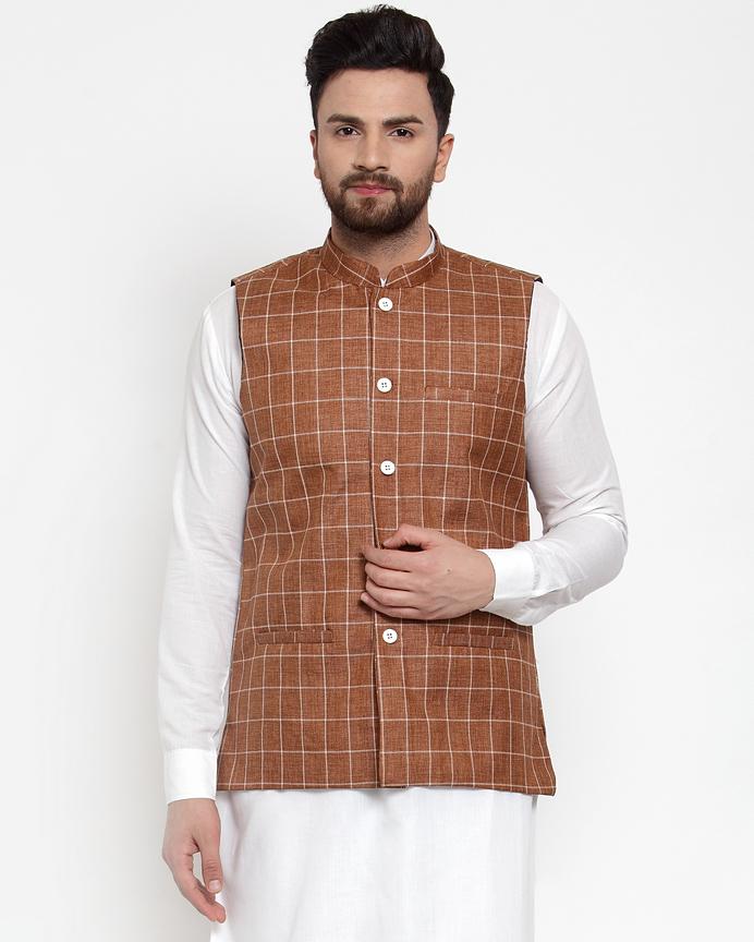 Jompers Men Brown Checked Nehru Jacket - Distacart
