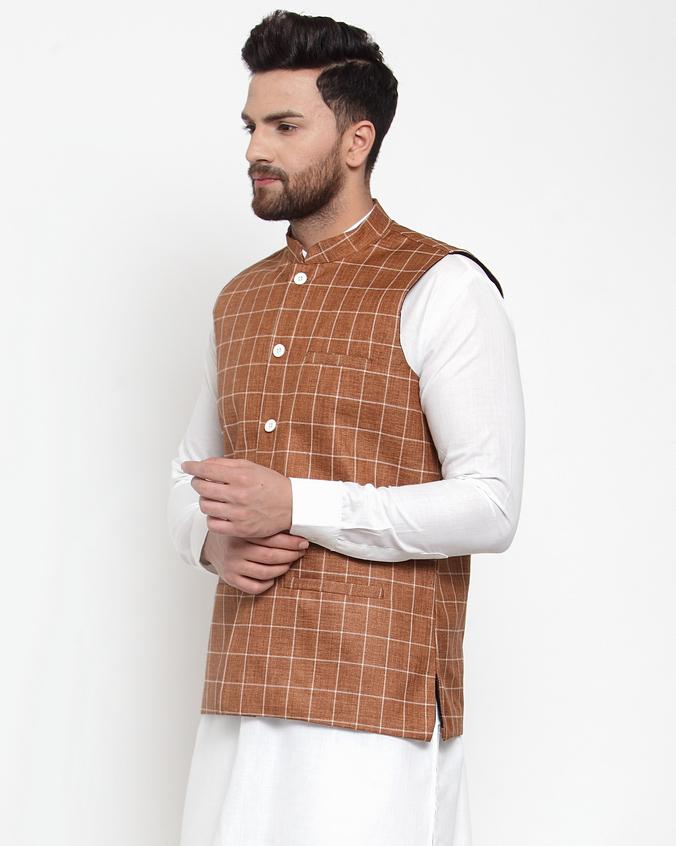 Jompers Men Brown Checked Nehru Jacket - Distacart