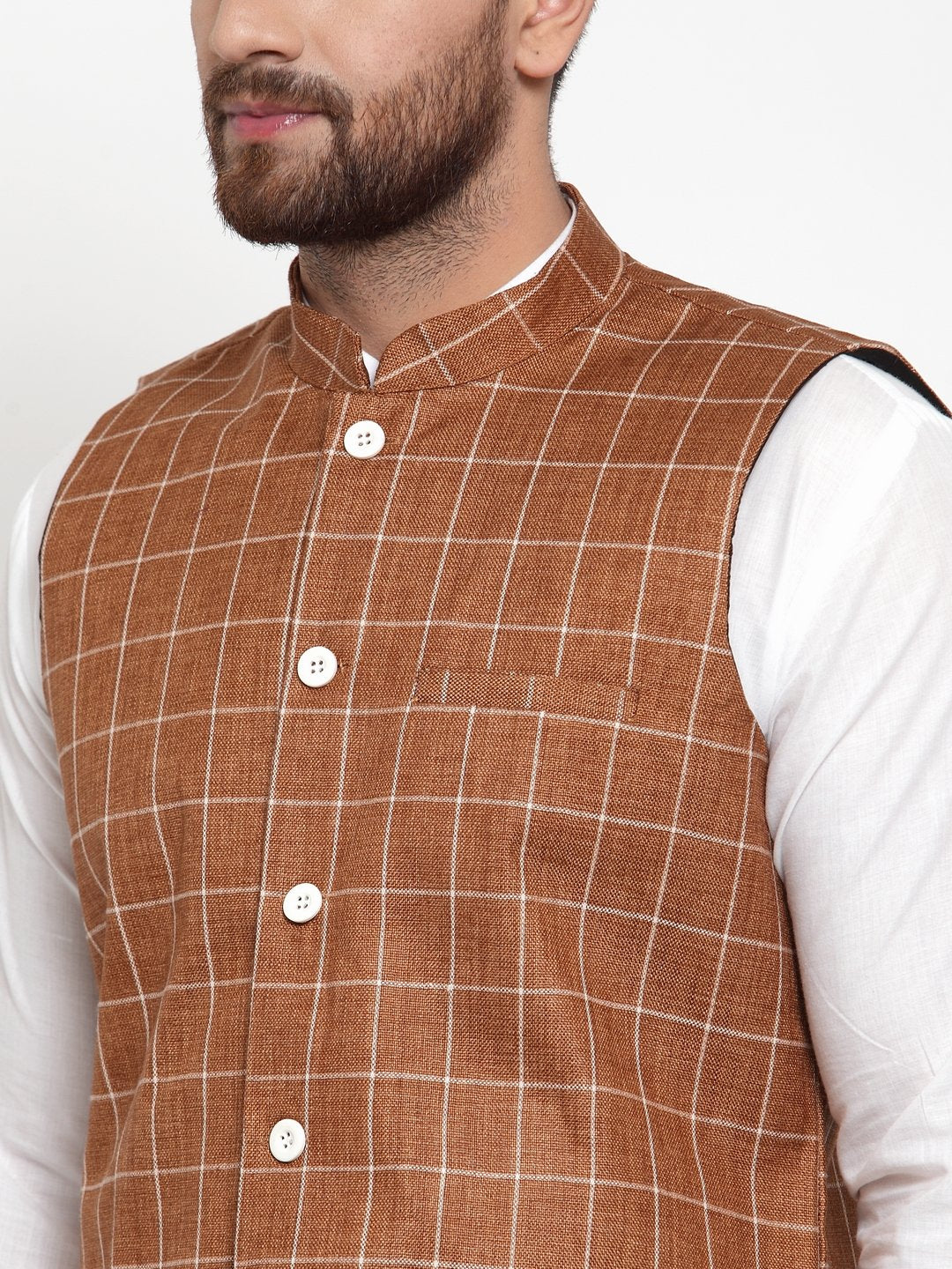 Jompers Men Brown Checked Nehru Jacket - Distacart