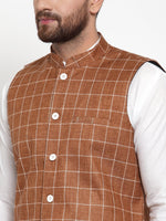Thumbnail for Jompers Men Brown Checked Nehru Jacket - Distacart
