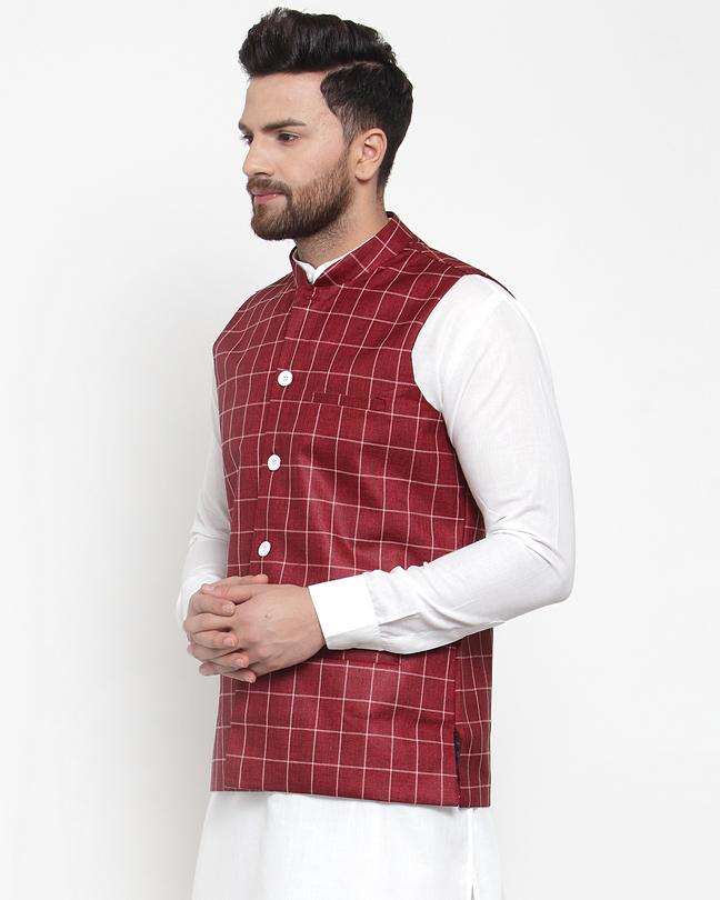 Jompers Men Maroon Checked Nehru Jacket - Distacart