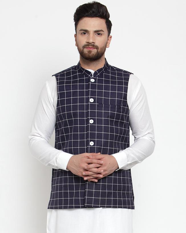 Jompers Men Navy-Blue Checked Nehru Jacket - Distacart
