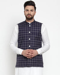 Thumbnail for Jompers Men Navy-Blue Checked Nehru Jacket - Distacart