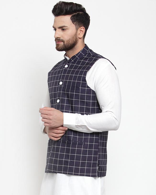 Jompers Men Navy-Blue Checked Nehru Jacket - Distacart