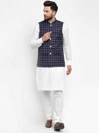 Thumbnail for Jompers Men Navy-Blue Checked Nehru Jacket - Distacart