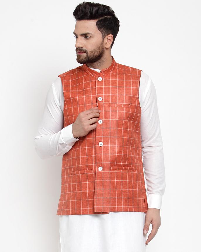 Jompers Men Peach Checked Nehru Jacket - Distacart