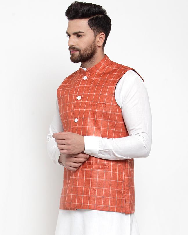 Jompers Men Peach Checked Nehru Jacket - Distacart