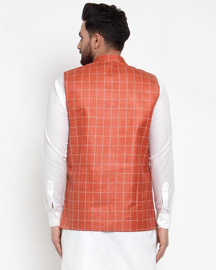 Jompers Men Peach Checked Nehru Jacket - Distacart