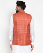 Thumbnail for Jompers Men Peach Checked Nehru Jacket - Distacart