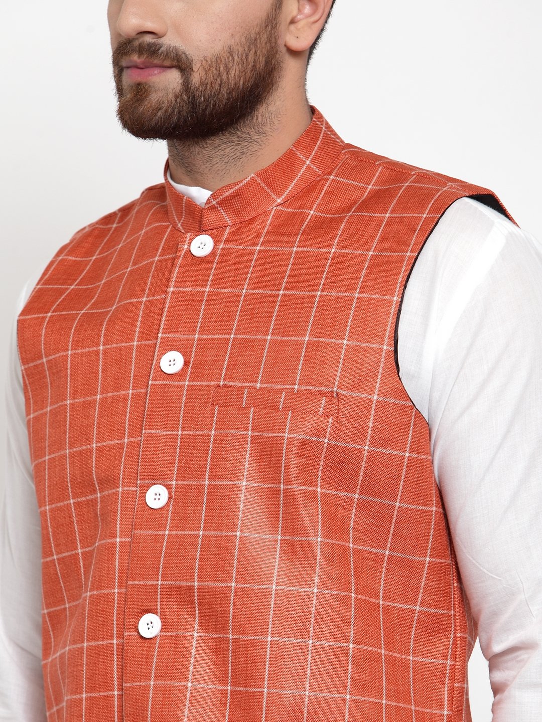 Jompers Men Peach Checked Nehru Jacket - Distacart