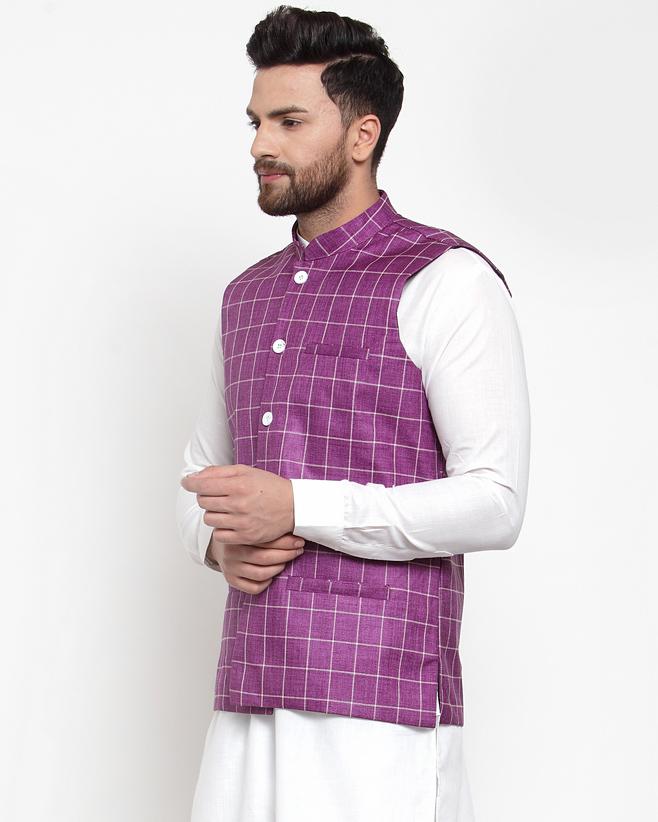 Jompers Men Purple Checked Nehru Jacket - Distacart