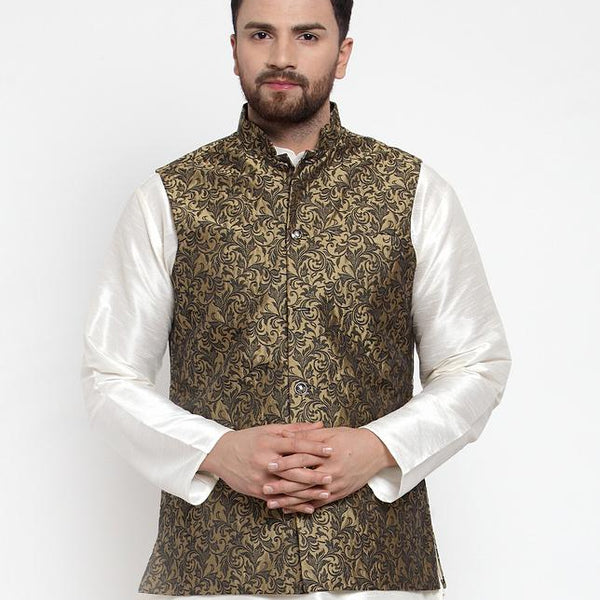 Jompers Men Gold-Coloured & Black Woven Design Nehru Jacket - Distacart