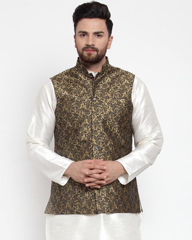 Jompers Men Gold-Coloured & Black Woven Design Nehru Jacket - Distacart