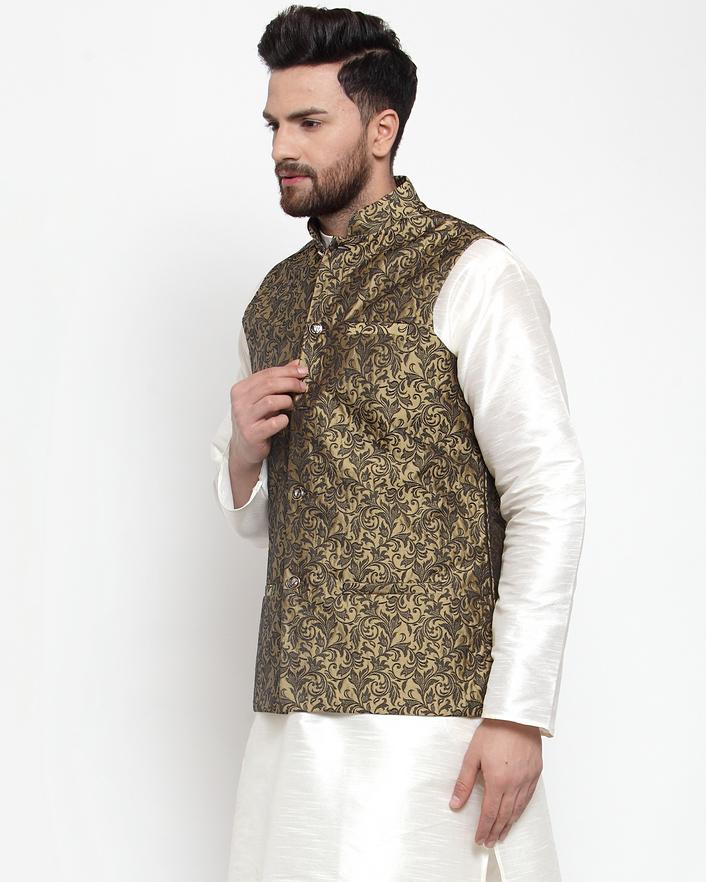 Jompers Men Gold-Coloured & Black Woven Design Nehru Jacket - Distacart