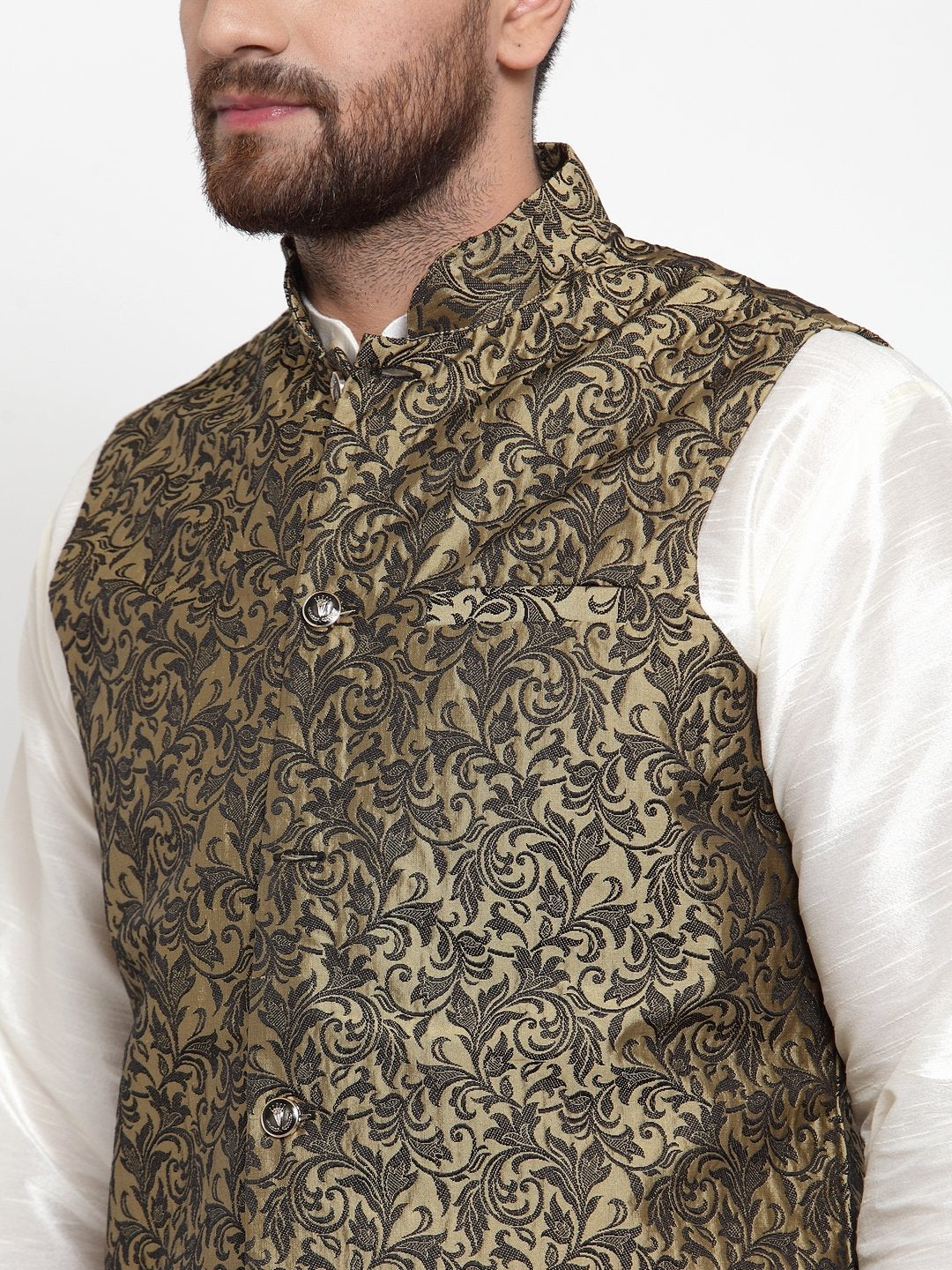 Jompers Men Gold-Coloured & Black Woven Design Nehru Jacket - Distacart