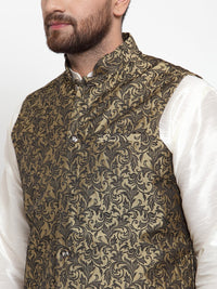 Thumbnail for Jompers Men Gold-Coloured & Black Woven Design Nehru Jacket - Distacart