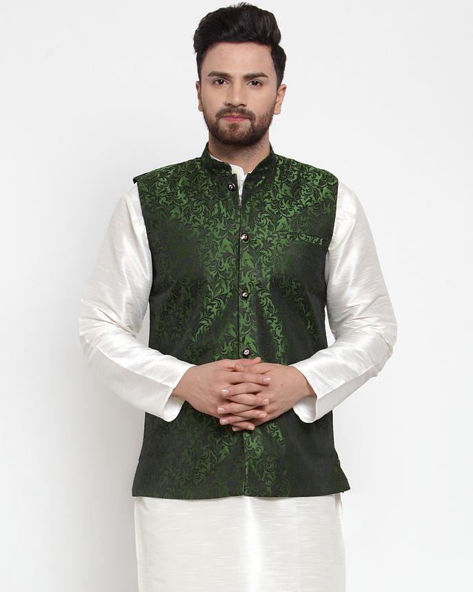 Jompers Men Green-Coloured & Black Woven Design Nehru Jacket (Mehndi) - Distacart