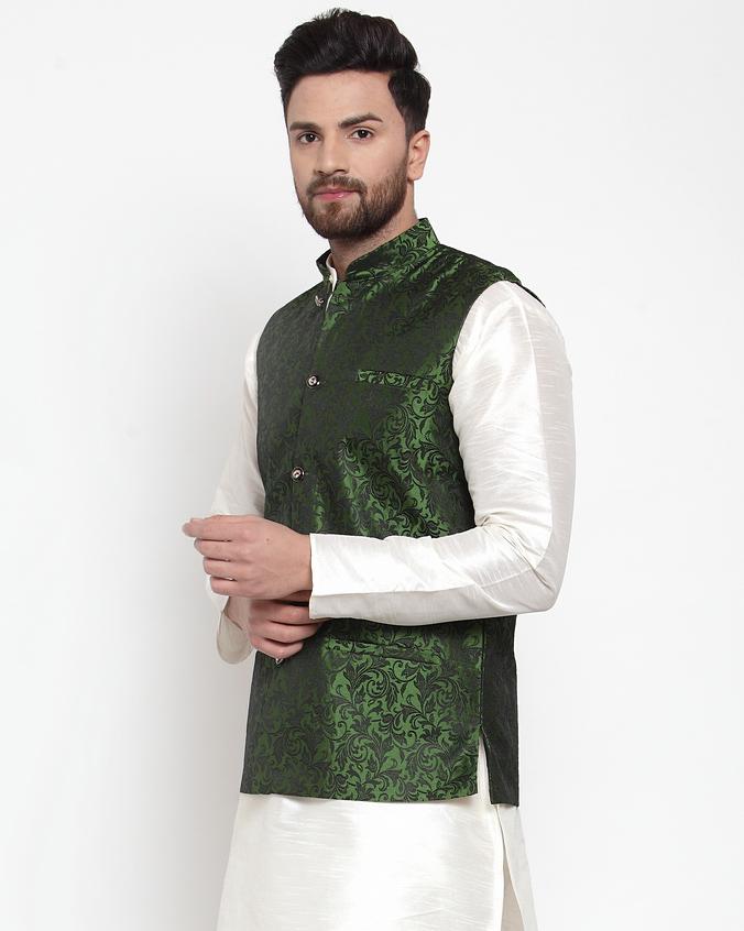 Jompers Men Green-Coloured & Black Woven Design Nehru Jacket (Mehndi) - Distacart
