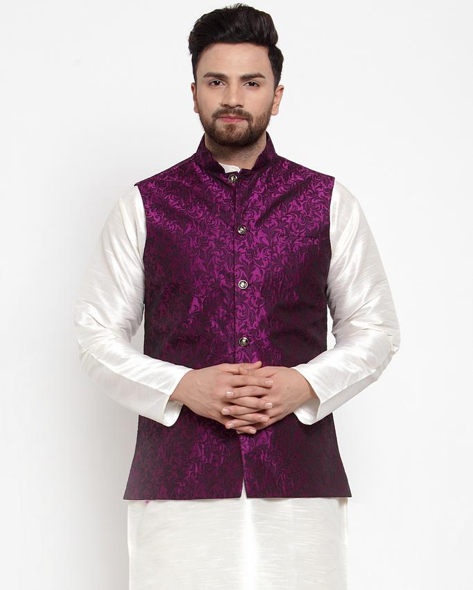 Jompers Men Purple-Coloured & Black Woven Design Nehru Jacket - Distacart