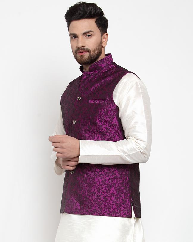 Jompers Men Purple-Coloured & Black Woven Design Nehru Jacket - Distacart
