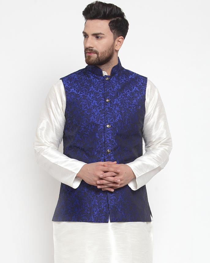 Jompers Men Blue-Coloured & Black Woven Design Nehru Jacket - Distacart
