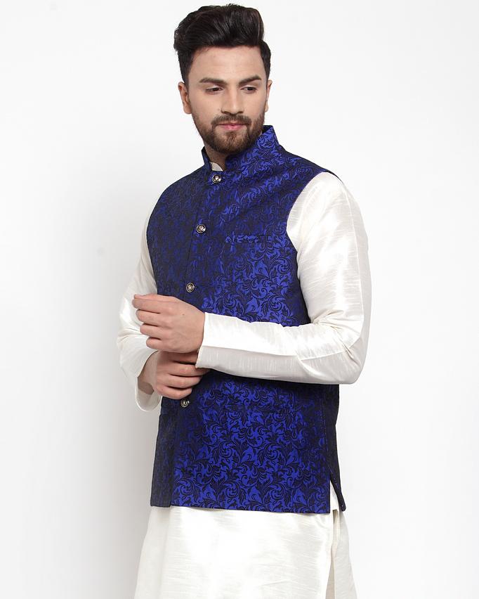 Jompers Men Blue-Coloured & Black Woven Design Nehru Jacket - Distacart