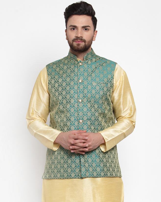 Jompers Men Green-Coloured & Golden Woven Design Nehru Jacket - Distacart