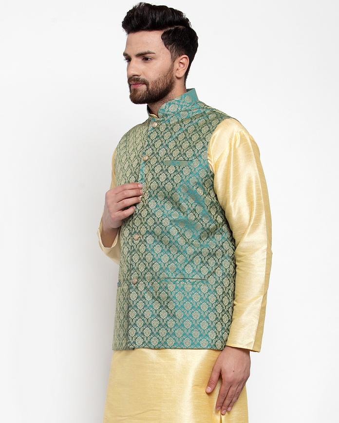 Jompers Men Green-Coloured & Golden Woven Design Nehru Jacket - Distacart