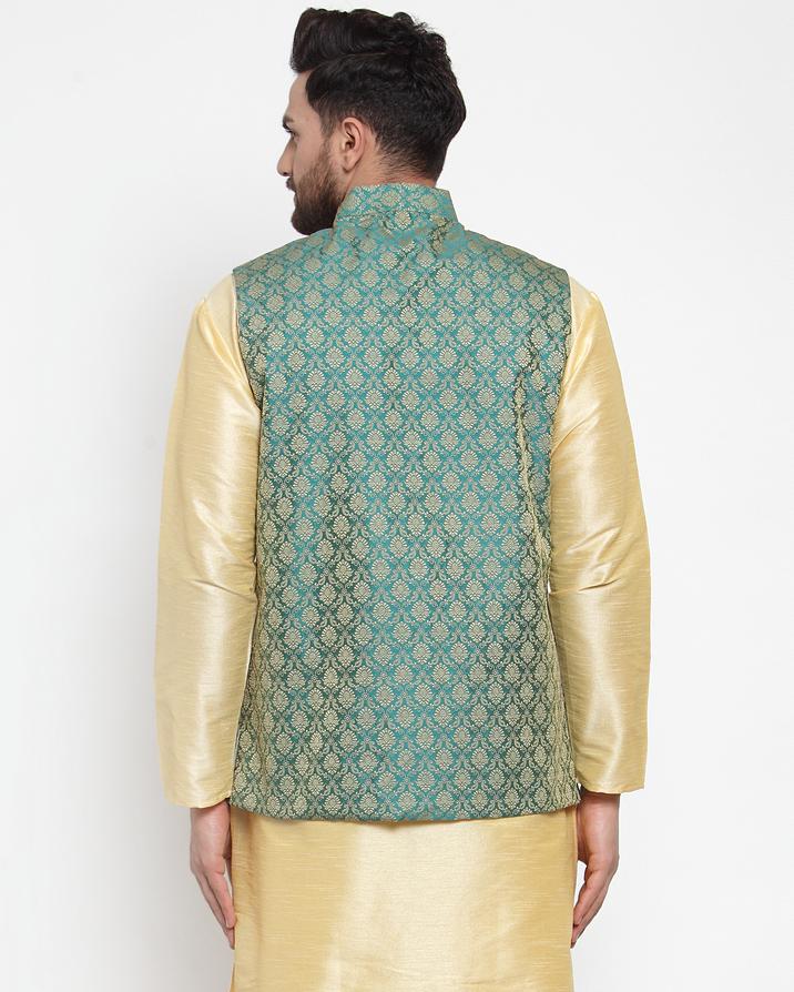 Jompers Men Green-Coloured & Golden Woven Design Nehru Jacket - Distacart