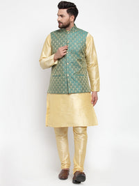 Thumbnail for Jompers Men Green-Coloured & Golden Woven Design Nehru Jacket - Distacart