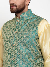 Thumbnail for Jompers Men Green-Coloured & Golden Woven Design Nehru Jacket - Distacart