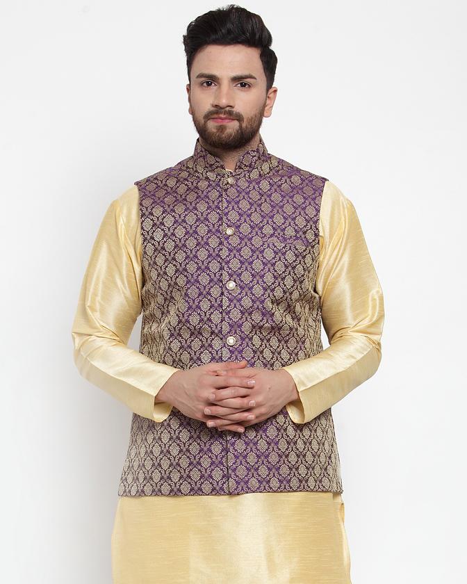 Jompers Men Purple-Coloured & Golden Woven Design Nehru Jacket - Distacart