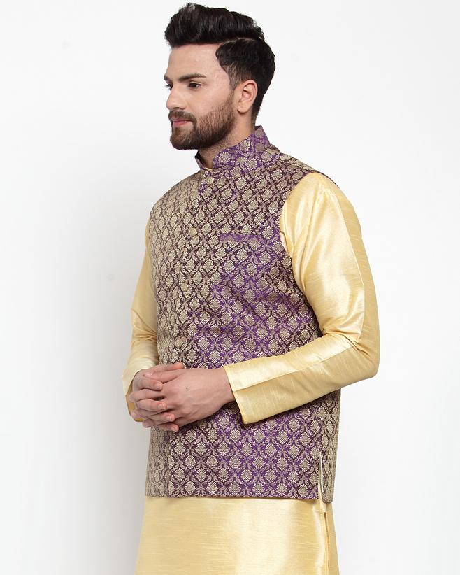 Jompers Men Purple-Coloured & Golden Woven Design Nehru Jacket - Distacart