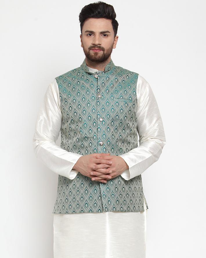 Jompers Men Green Woven Design Nehru Jacket - Distacart