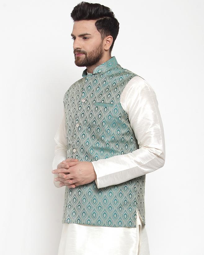 Jompers Men Green Woven Design Nehru Jacket - Distacart