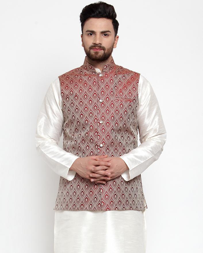 Jompers Men Maroon Woven Design Nehru Jacket - Distacart