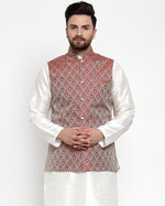 Thumbnail for Jompers Men Maroon Woven Design Nehru Jacket - Distacart
