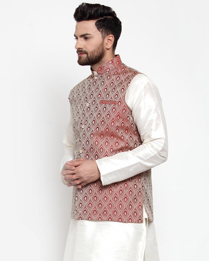 Jompers Men Maroon Woven Design Nehru Jacket - Distacart
