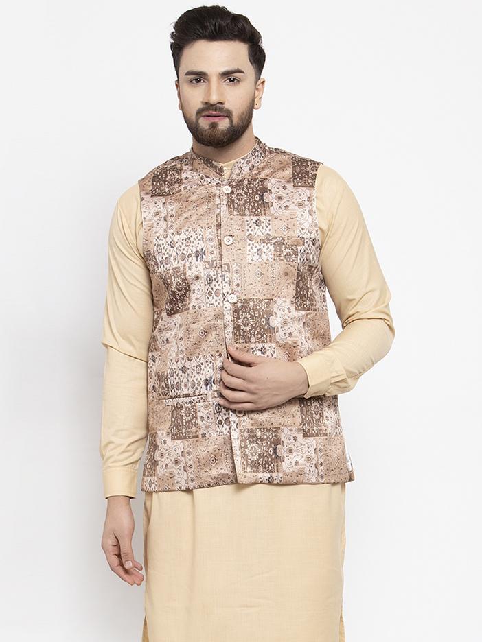 Jompers Men Beige Printed Satin Nehru Jacket - Distacart
