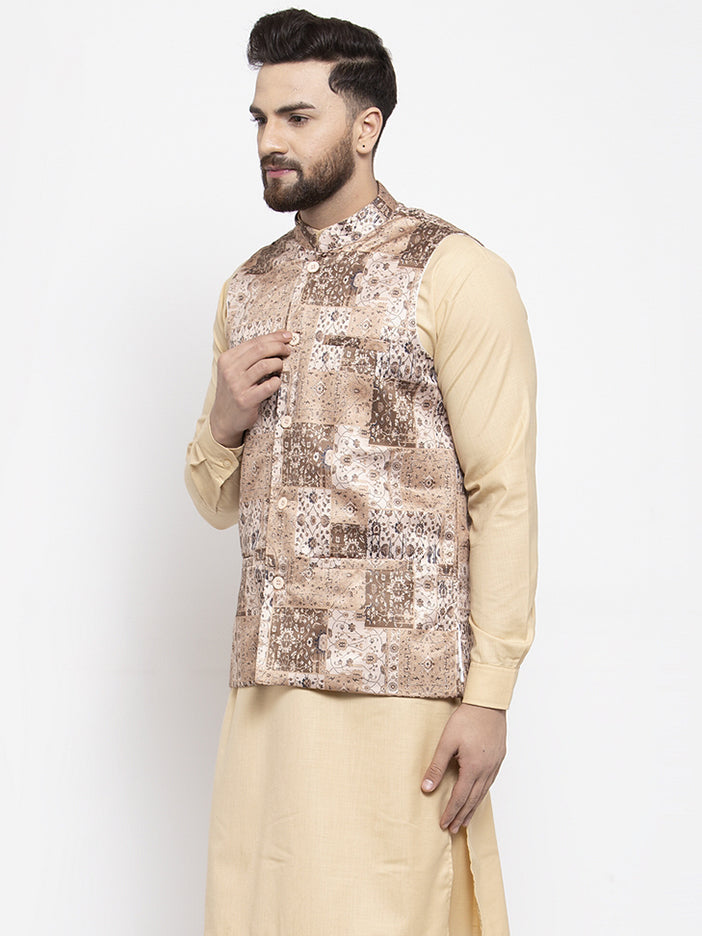 Jompers Men's Beige Printed Nehru Jacket