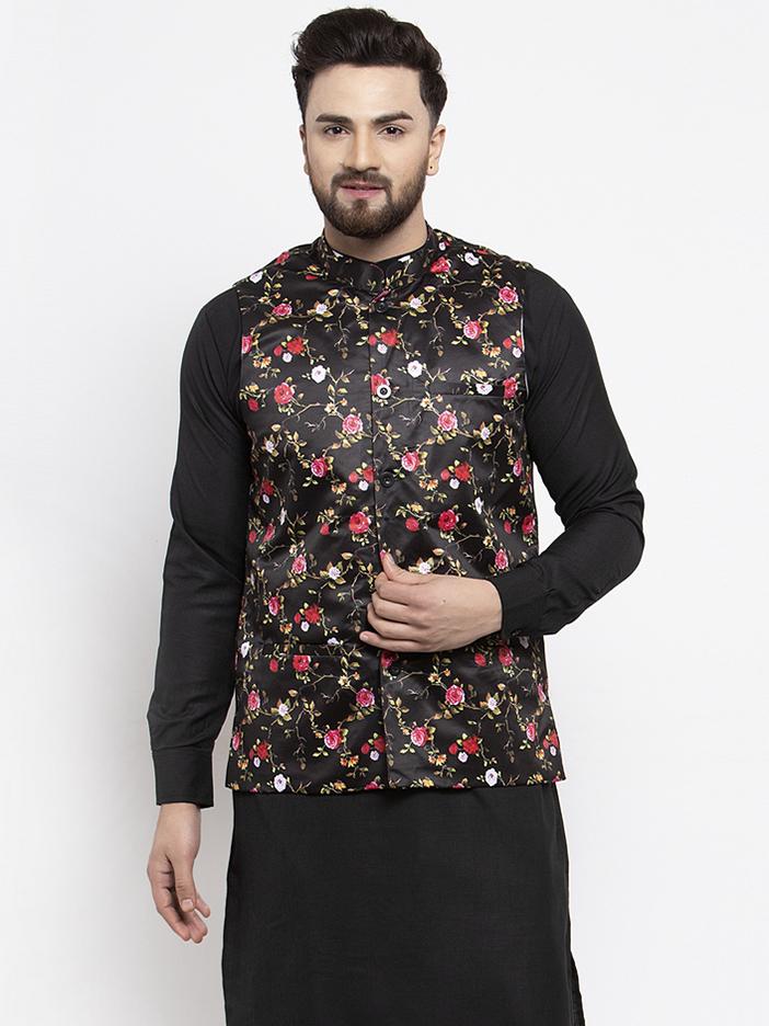 Jompers Men Black Printed Satin Nehru Jacket - Distacart