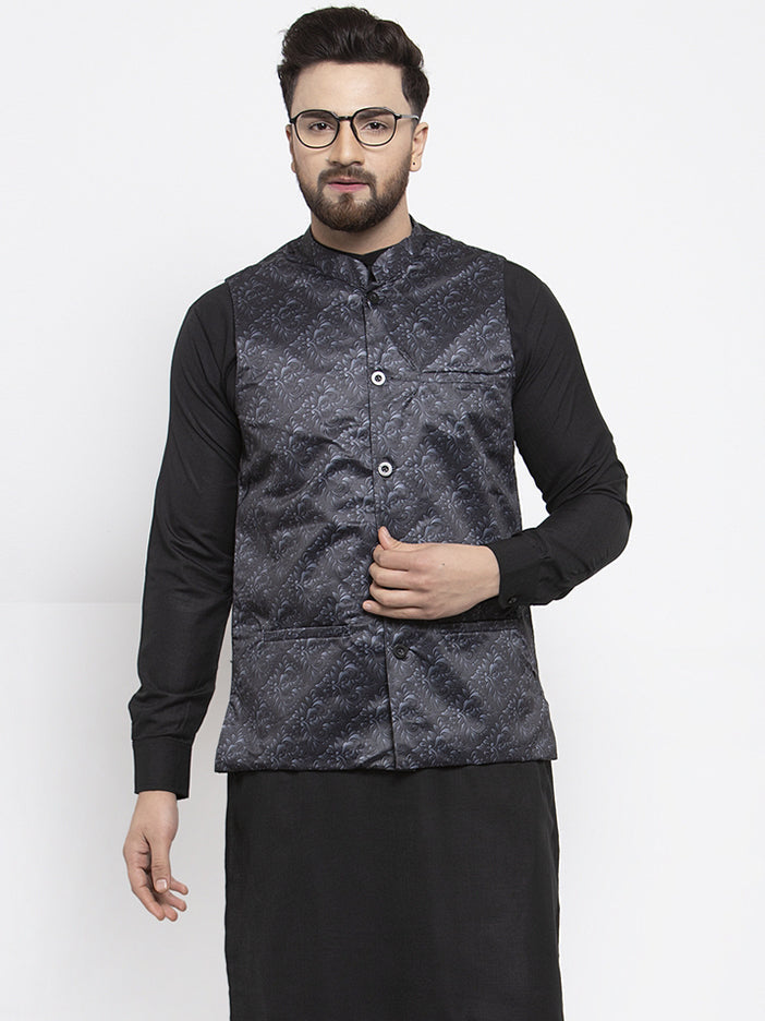 Jompers Men's Beautiful Grey Printed Nehru Jacket