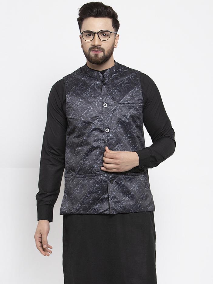 Jompers Men Charcoal Grey Printed Satin Nehru Jacket - Distacart
