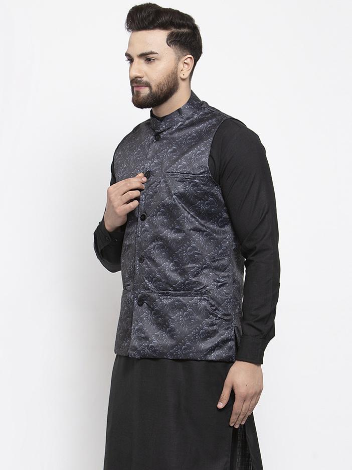 Jompers Men Charcoal Grey Printed Satin Nehru Jacket - Distacart