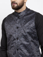 Thumbnail for Jompers Men Charcoal Grey Printed Satin Nehru Jacket - Distacart