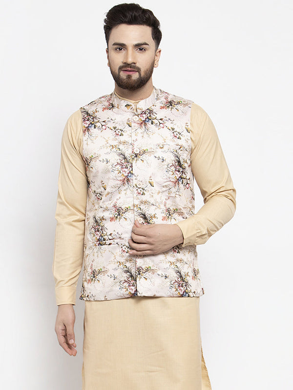 Jompers Men's Cream Printed Nehru Jacket