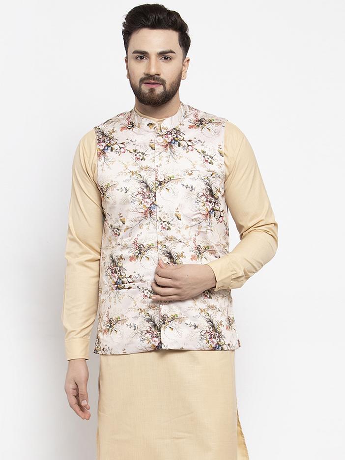 Jompers Men Cream Printed Satin Nehru Jacket - Distacart